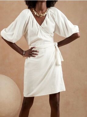 Banana Republic Linen Blend Ivory Wrap Dress